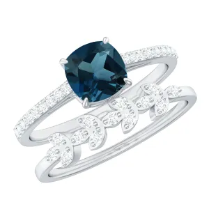 Cushion Cut London Blue Topaz Solitaire Ring Set with Diamond Stackable Band
