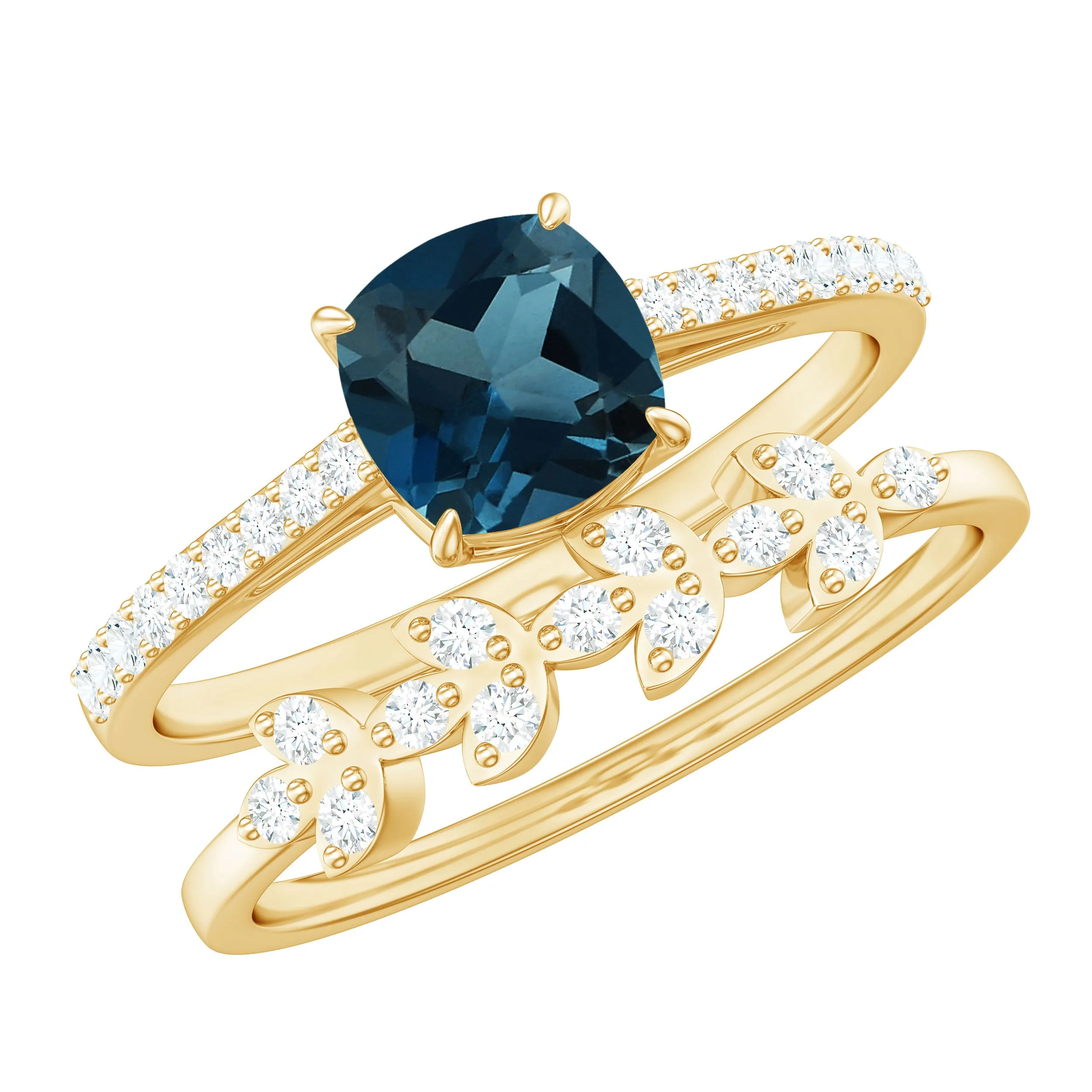 Cushion Cut London Blue Topaz Solitaire Ring Set with Diamond Stackable Band