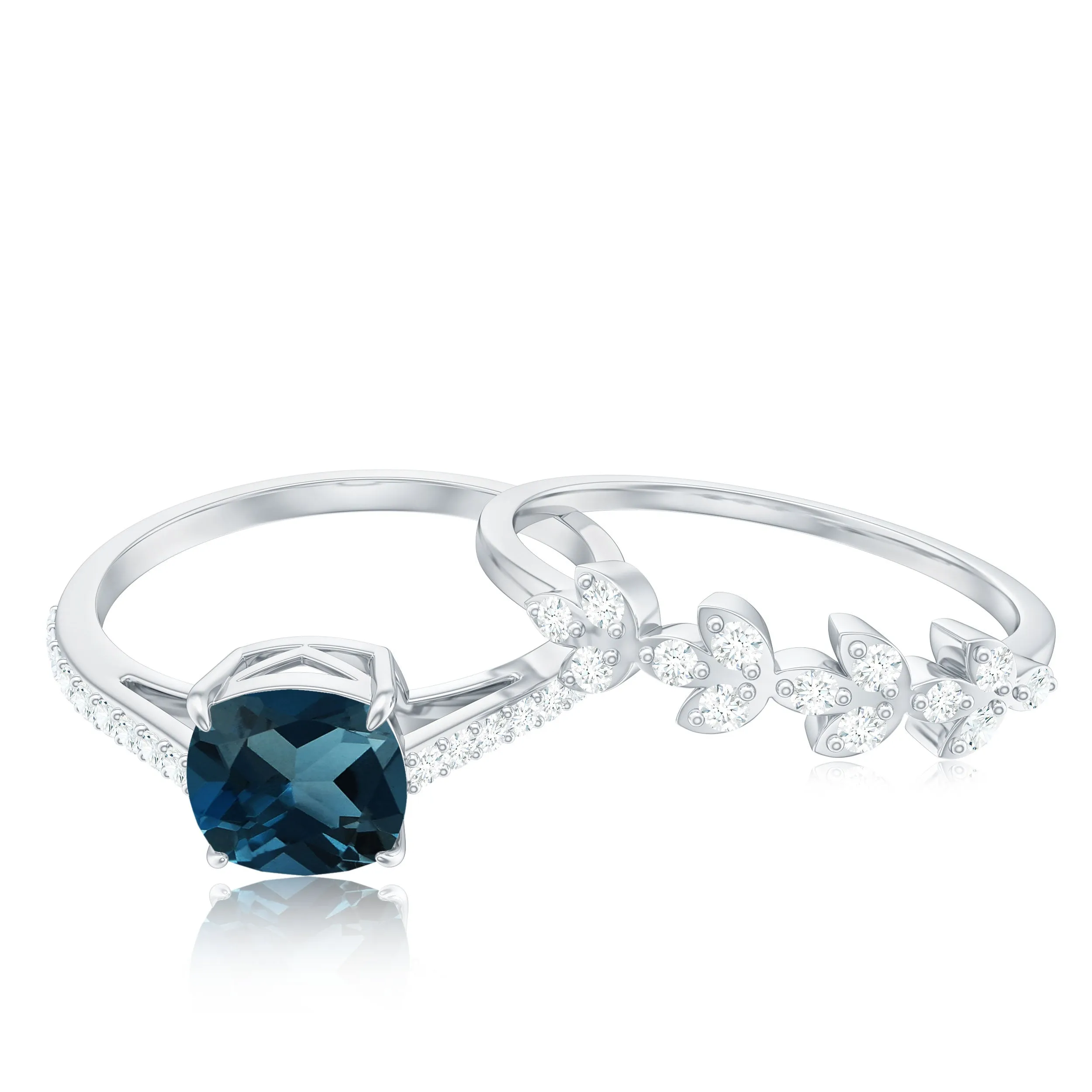 Cushion Cut London Blue Topaz Solitaire Ring Set with Diamond Stackable Band