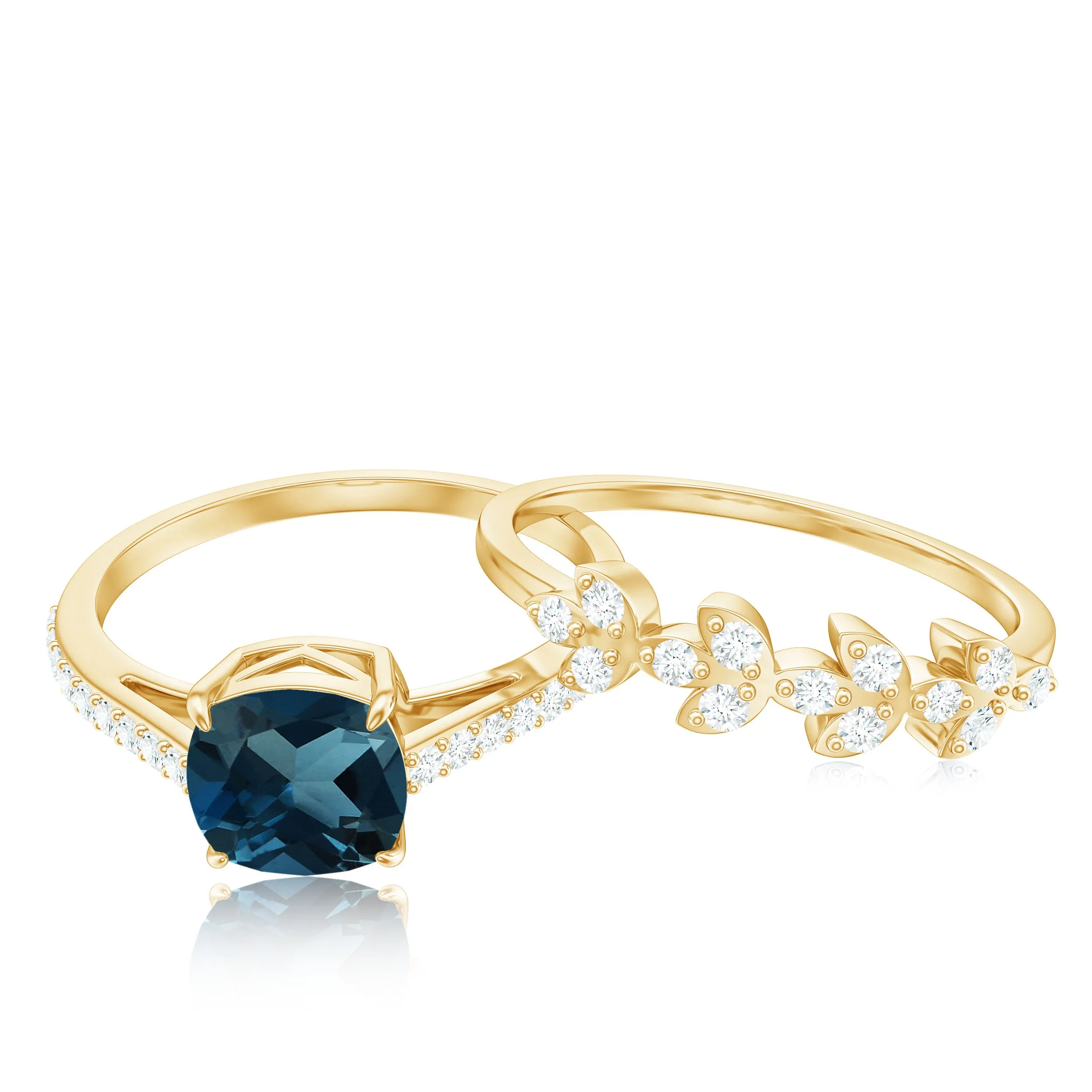 Cushion Cut London Blue Topaz Solitaire Ring Set with Diamond Stackable Band