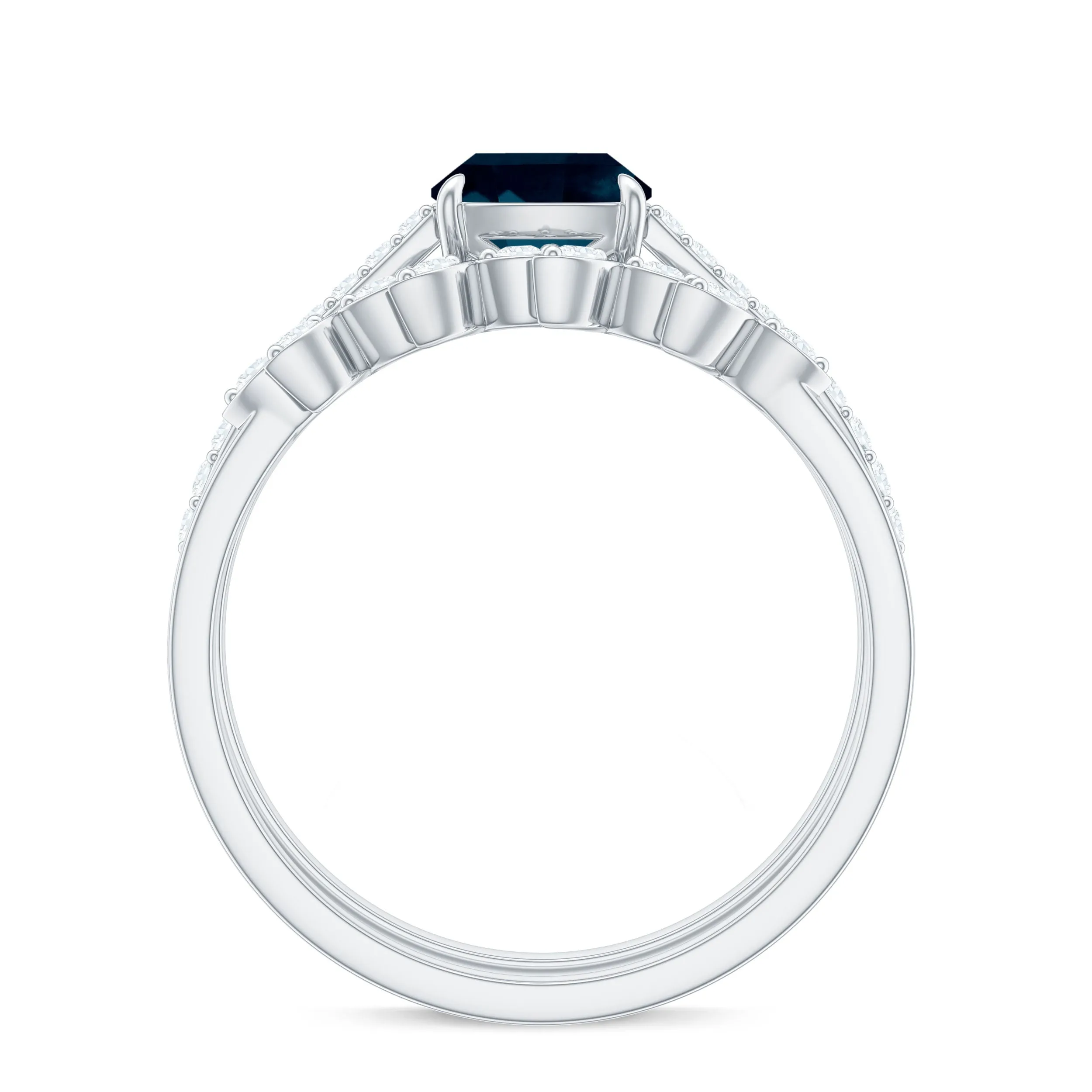 Cushion Cut London Blue Topaz Solitaire Ring Set with Diamond Stackable Band
