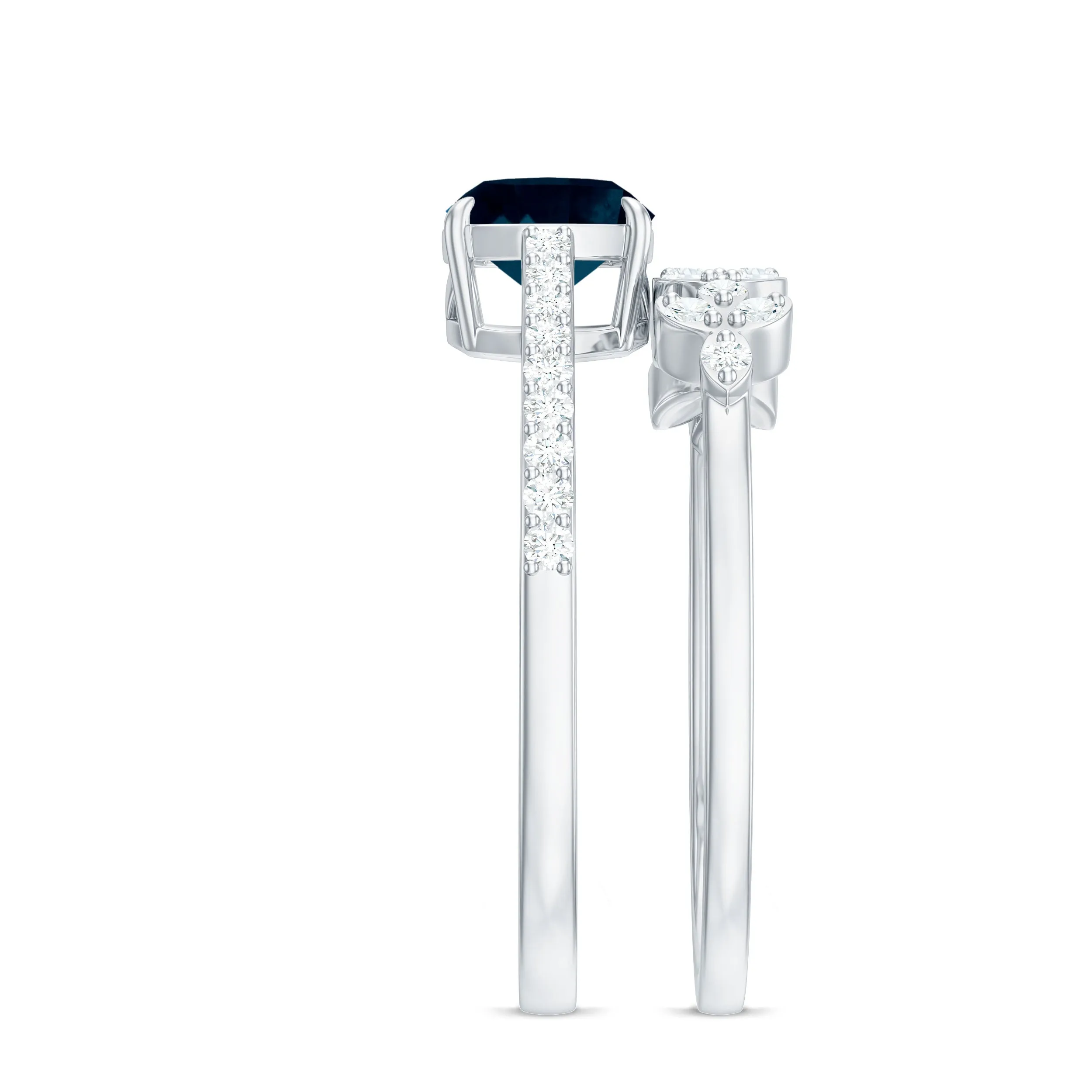Cushion Cut London Blue Topaz Solitaire Ring Set with Diamond Stackable Band