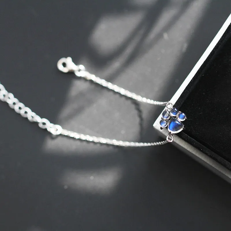 Cute Cat-Paw Moonstone Bracelet in White Gold Plated Silver June Birthstone Jewelry Women