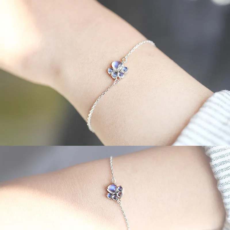 Cute Cat-Paw Moonstone Bracelet in White Gold Plated Silver June Birthstone Jewelry Women