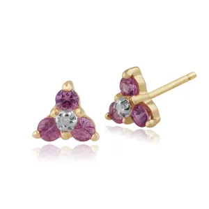 Drei Stein Rosa Saphir & Diamant Ohrstecker in 9ct Gelb Gold