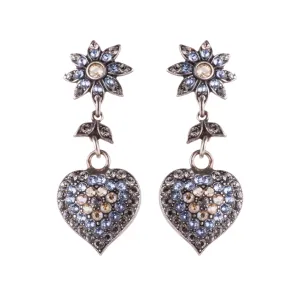 Flower and Heart Dangle Leverback Earrings in "Morning Mist" - Antique Silver