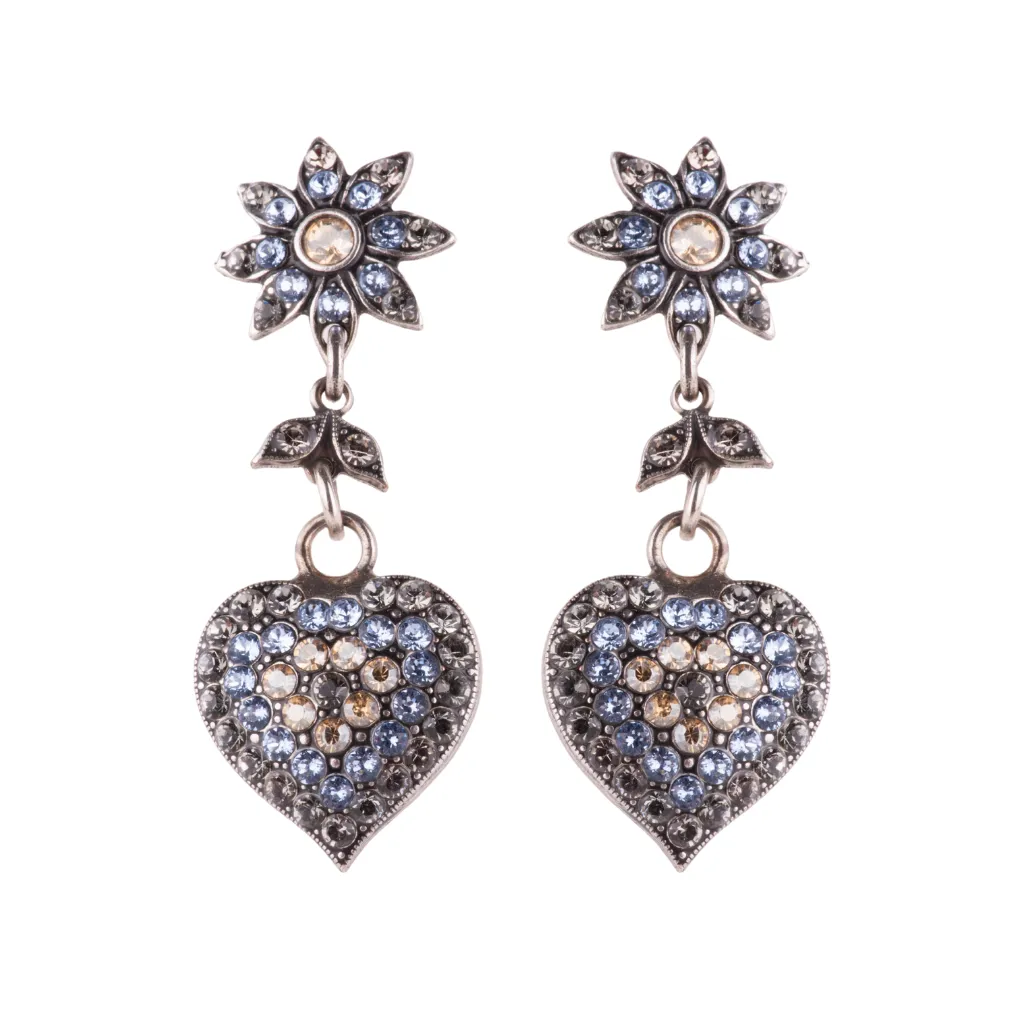 Flower and Heart Dangle Leverback Earrings in "Morning Mist" - Antique Silver