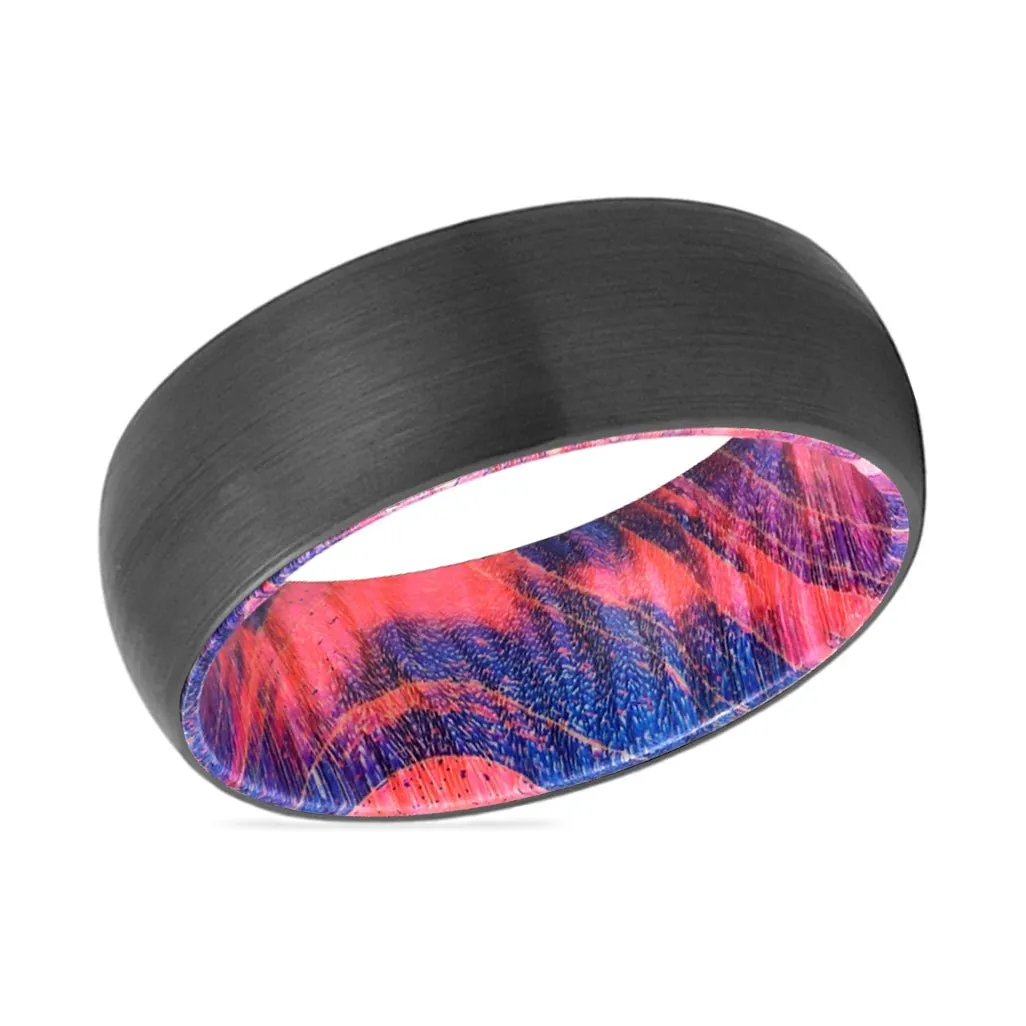 FORCE | Blue & Red Wood, Black Tungsten Ring, Brushed, Domed