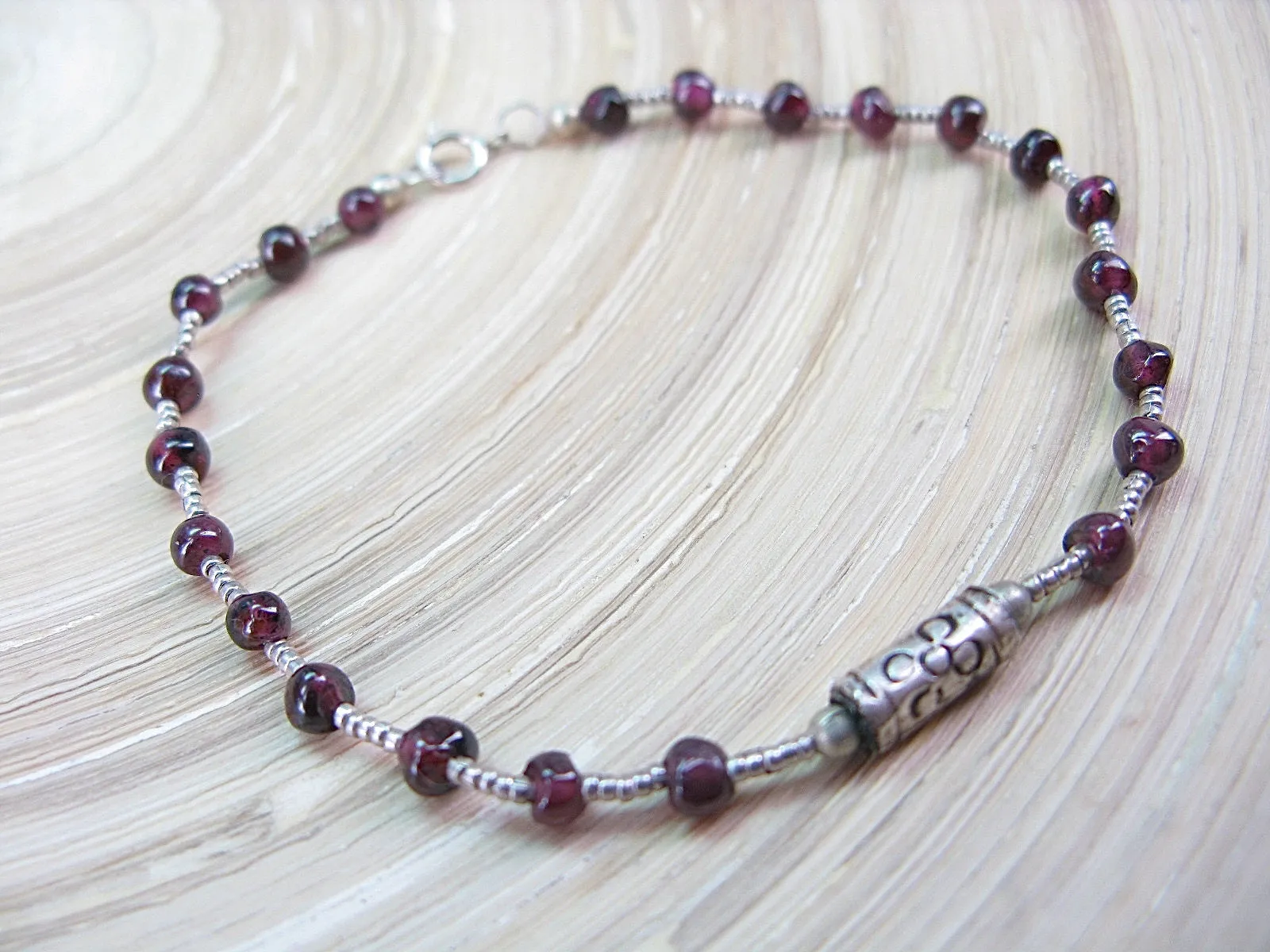 Garnet Bead Tribal Oxidized 925 Sterling Silver Bracelet