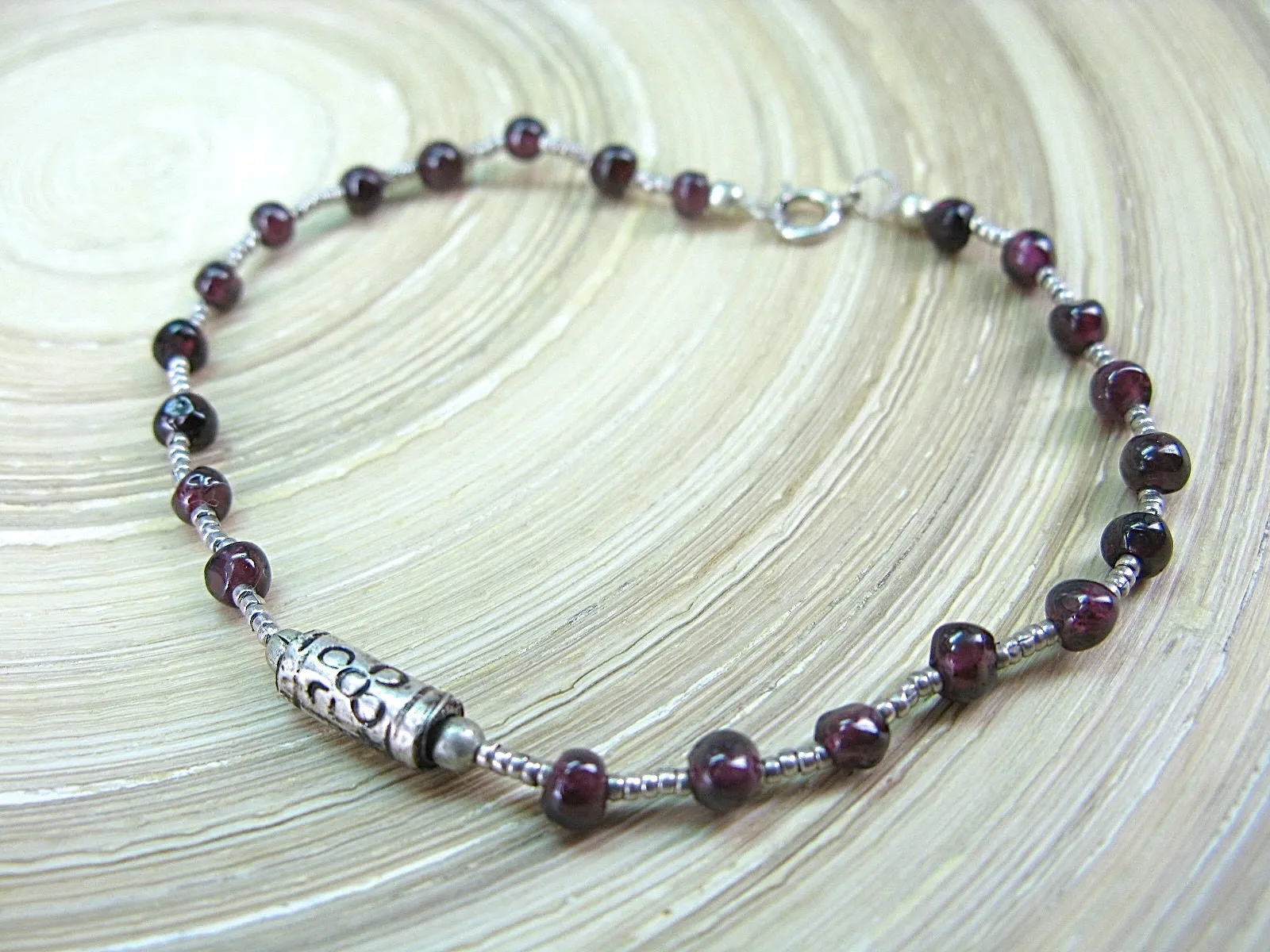 Garnet Bead Tribal Oxidized 925 Sterling Silver Bracelet