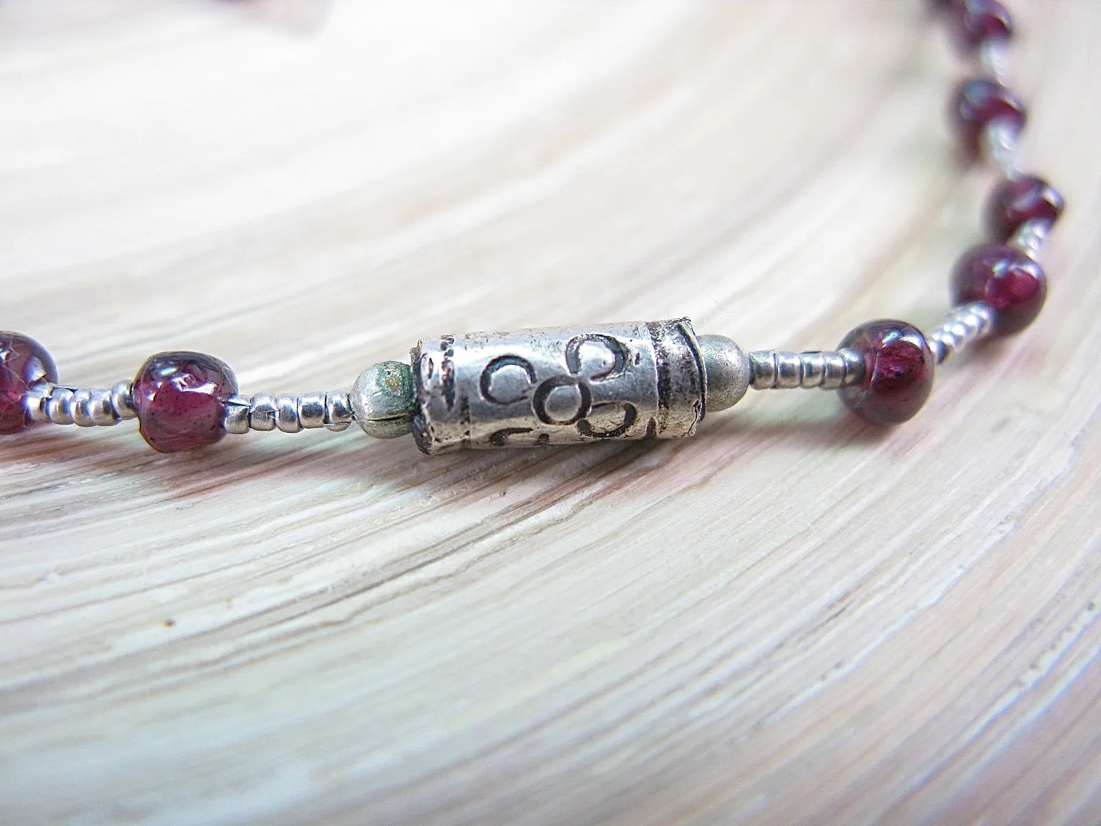 Garnet Bead Tribal Oxidized 925 Sterling Silver Bracelet