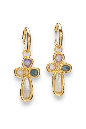 Gemstone Cross Hoops in Gold