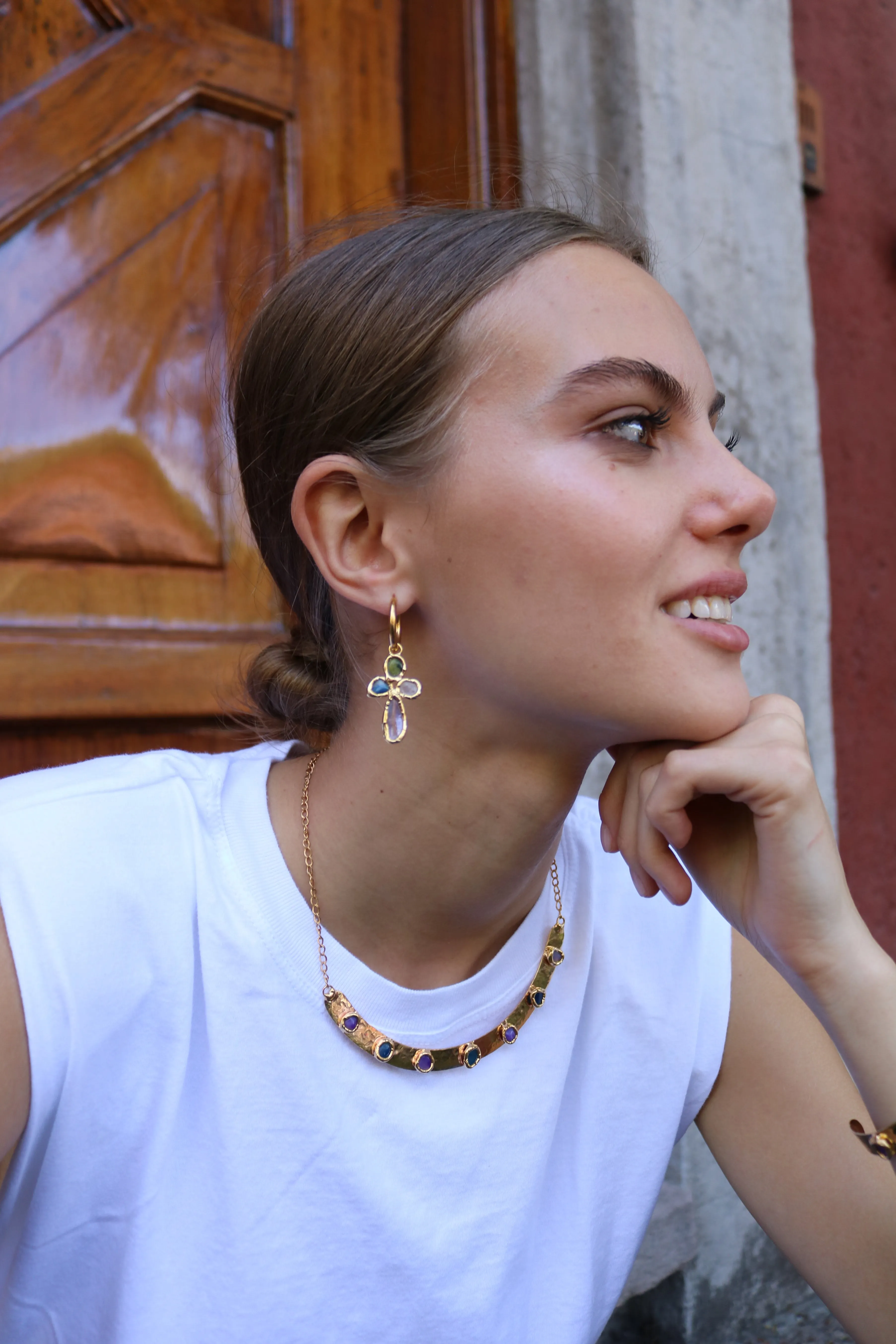 Gemstone Cross Hoops in Gold