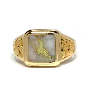 Gold Quartz Ring Square Inlaid Center Natural Nugget Sides