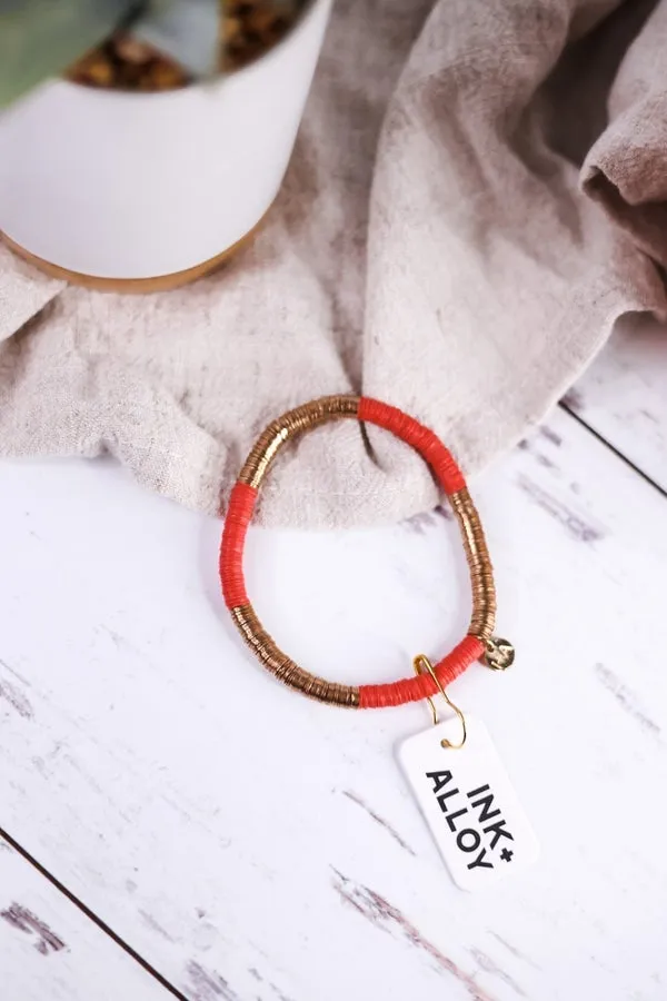 Grace Two Color Block Stretch Bracelet Coral and Gold FINAL SALE