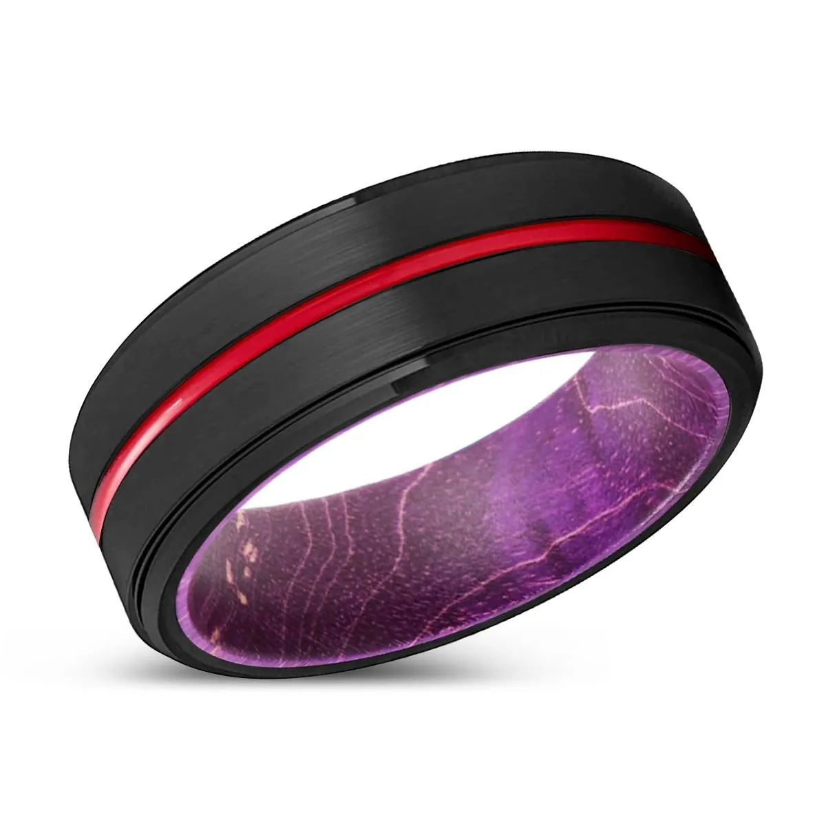 GROOVY | Purple Wood, Black Tungsten Ring, Red Groove, Stepped Edge