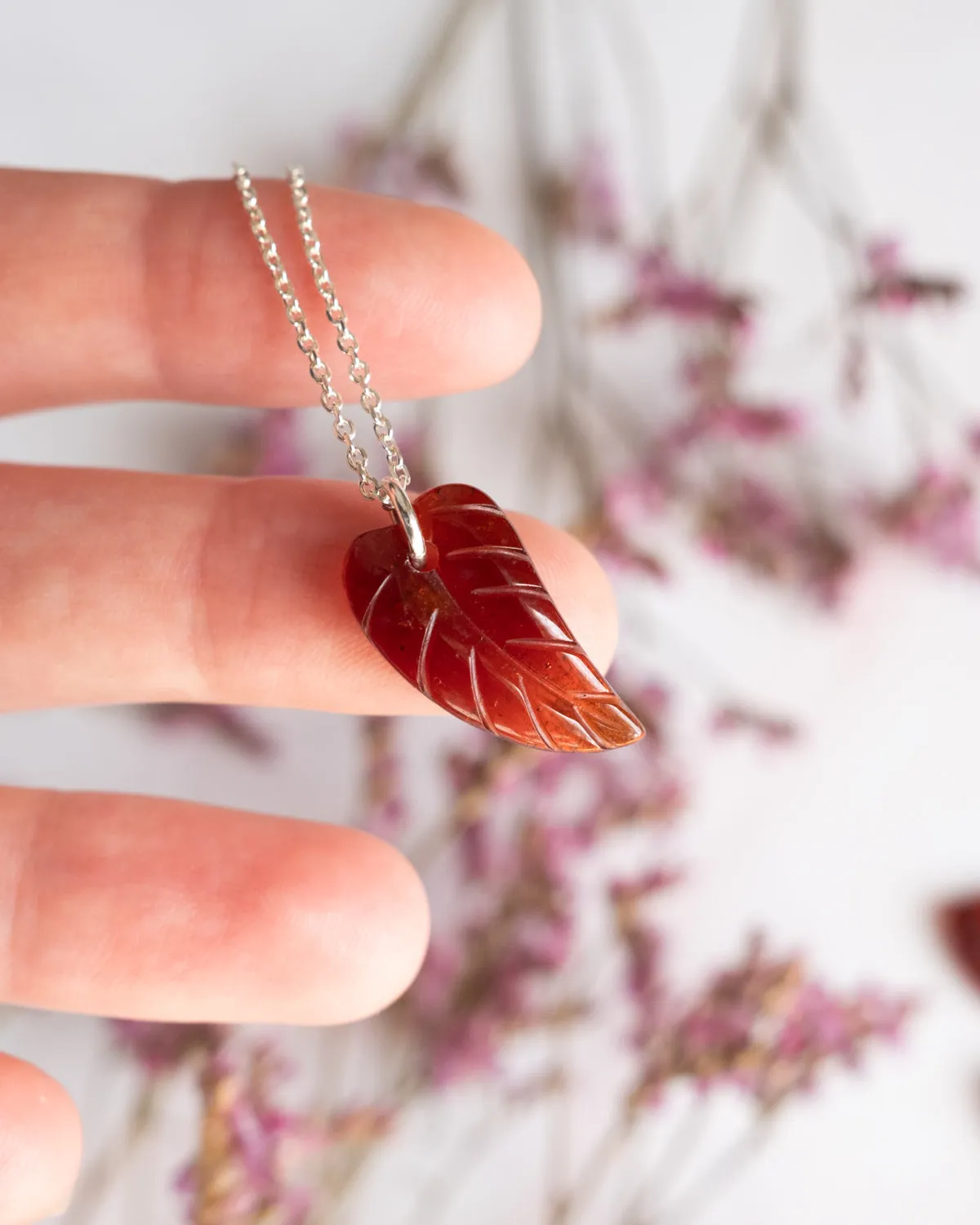 Grossular Garnet Hand Carved Leaf Necklace