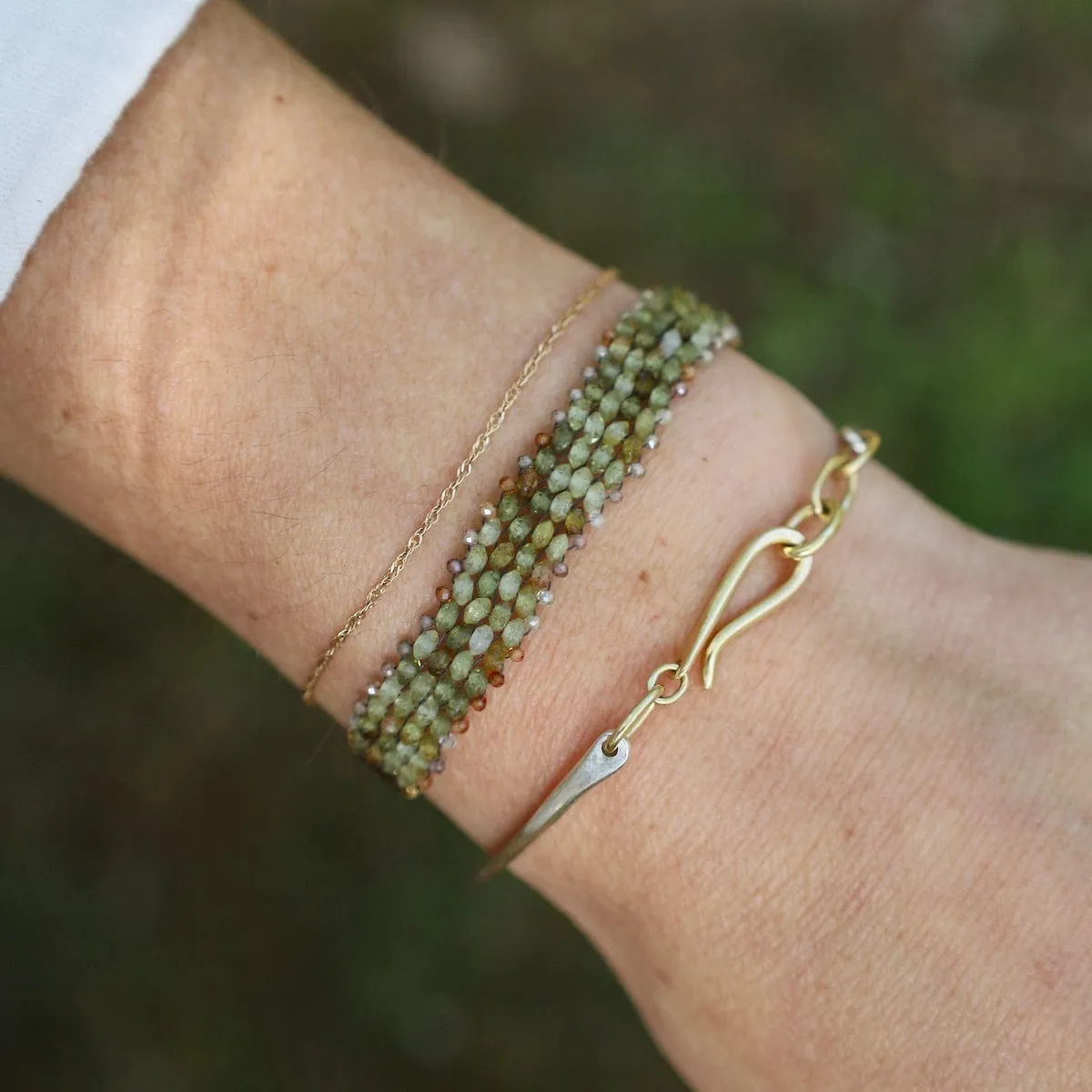 Hand Woven Soft Bracelet of Green Garnet with Tiny Grey Sapphires