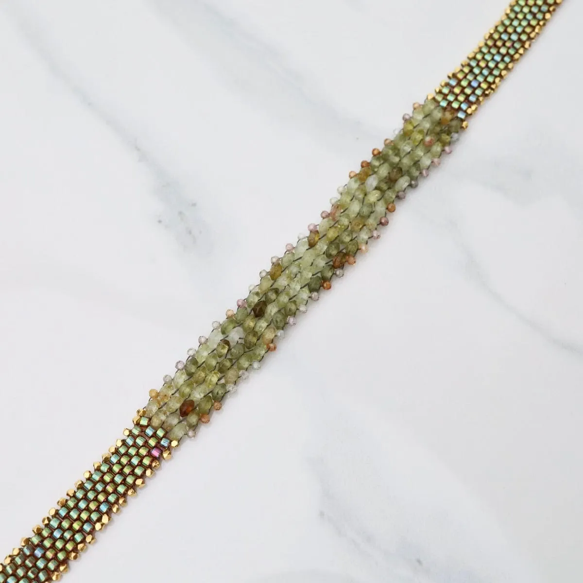 Hand Woven Soft Bracelet of Green Garnet with Tiny Grey Sapphires