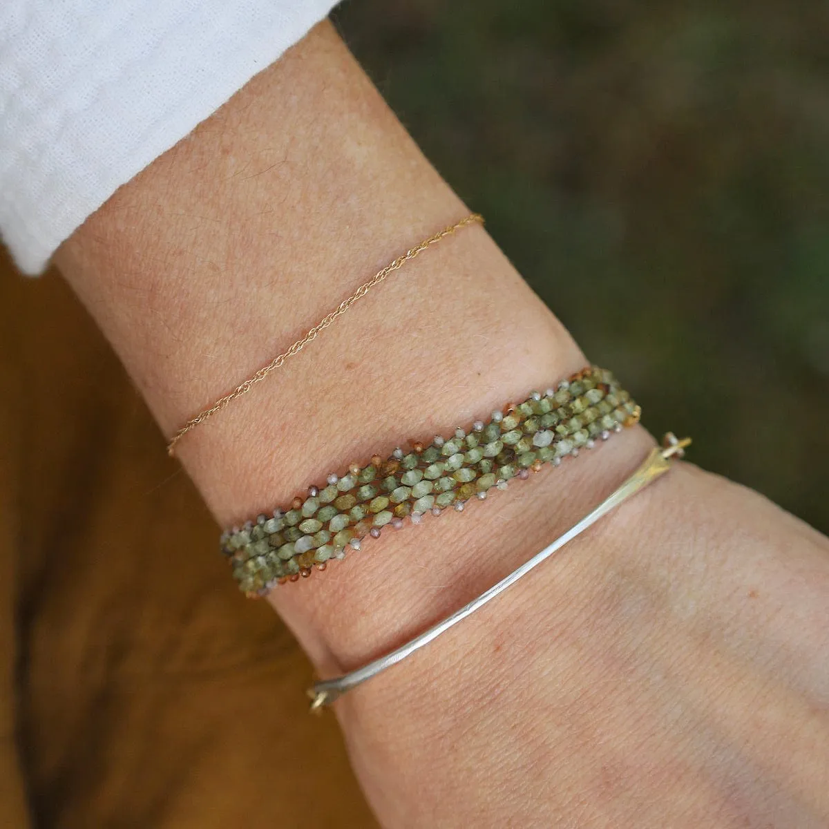 Hand Woven Soft Bracelet of Green Garnet with Tiny Grey Sapphires
