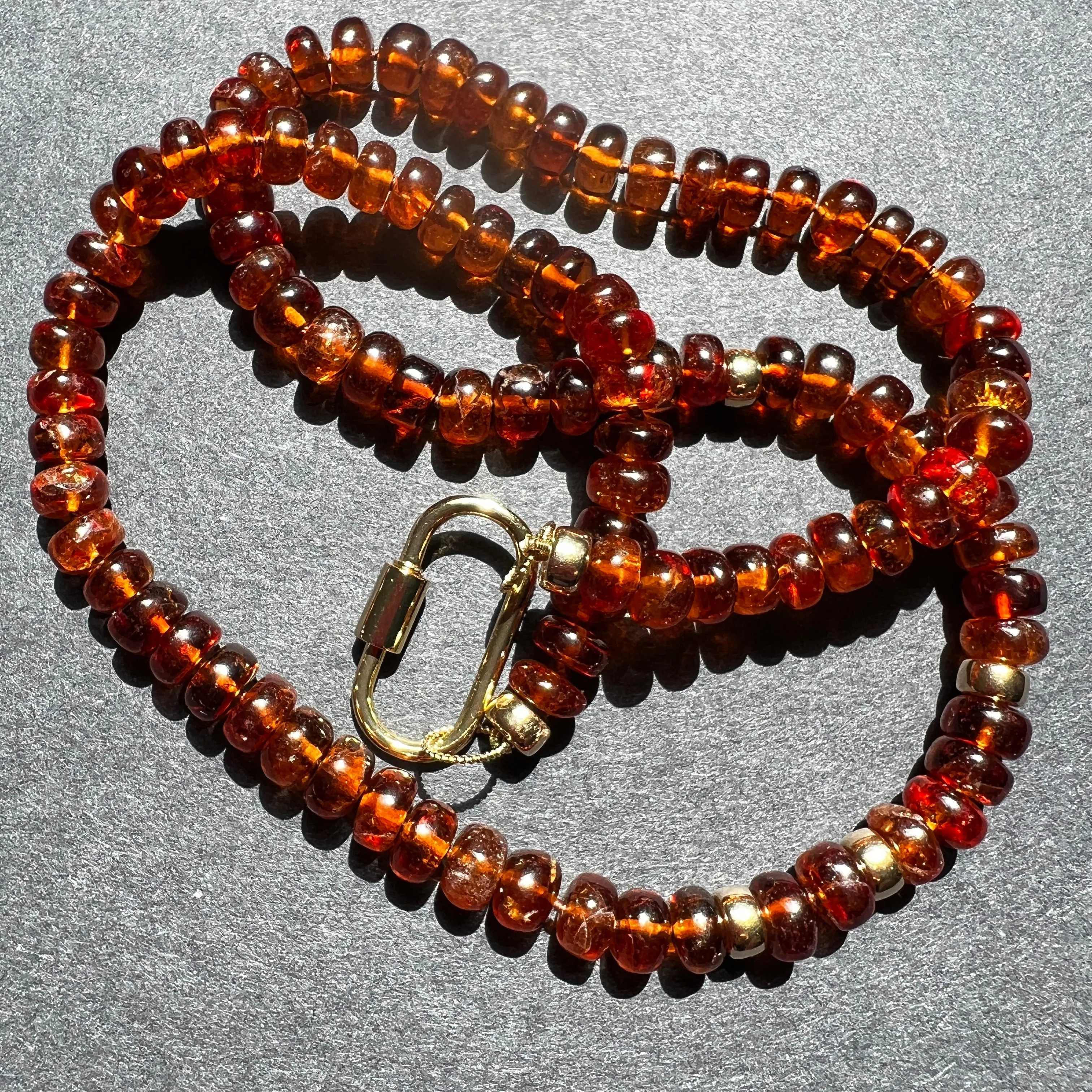 Hessonite Garnet Silk Hand Knotted Necklace with Gold Bead Accents