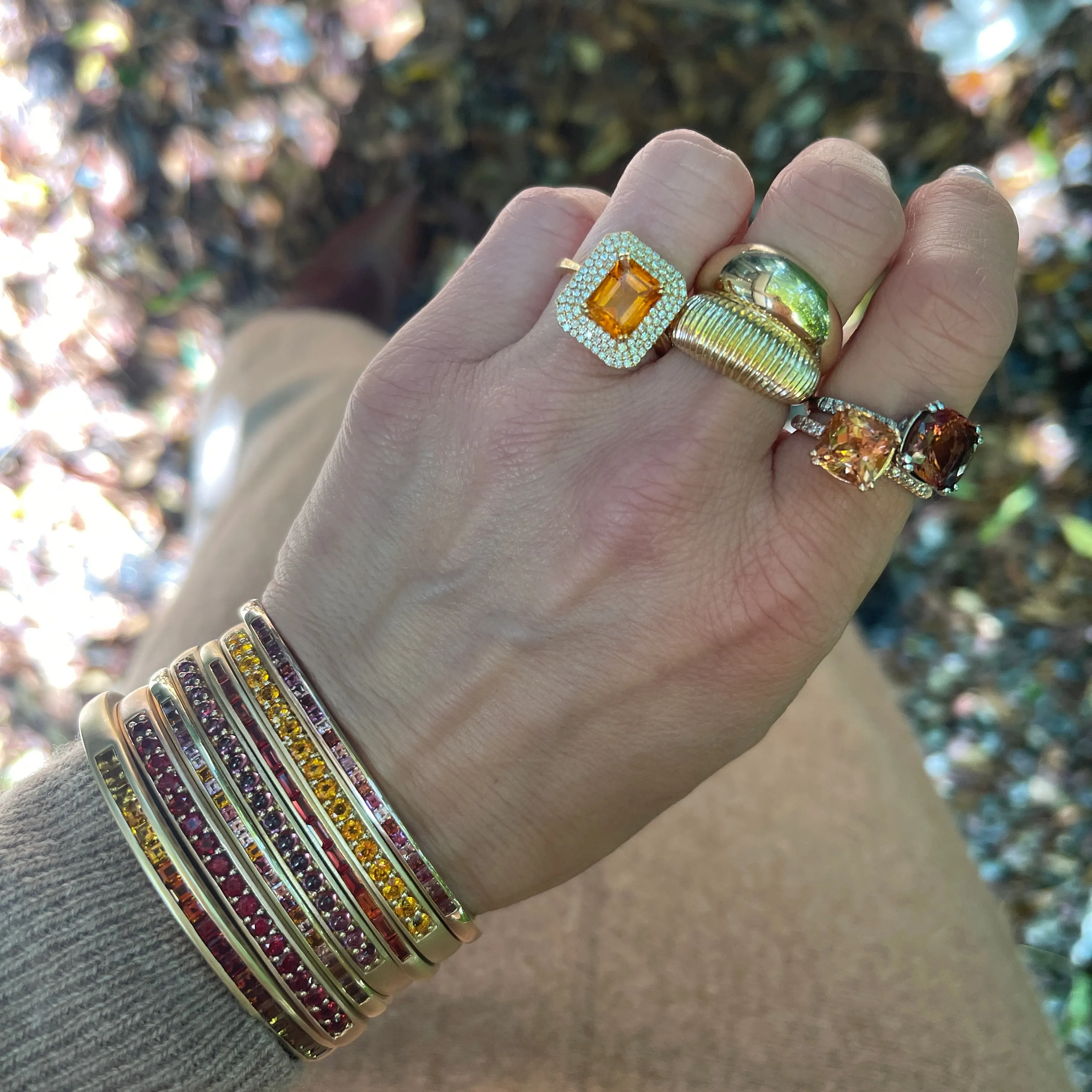 Hinged Oval Cuff Bracelet with Ombre Citrine & Red Garnet Squares
