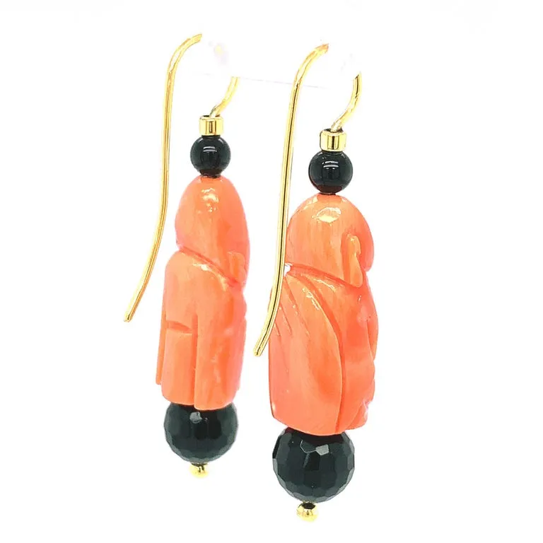 Italian Carved Coral and Onyx Dangle Earrings in Yellow Gold with French Wires