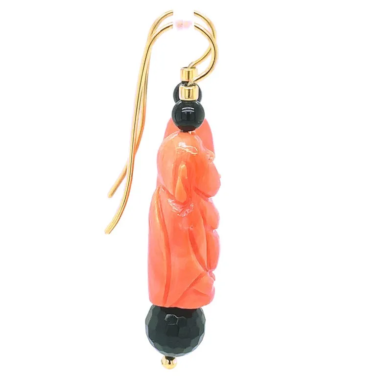 Italian Carved Coral and Onyx Dangle Earrings in Yellow Gold with French Wires