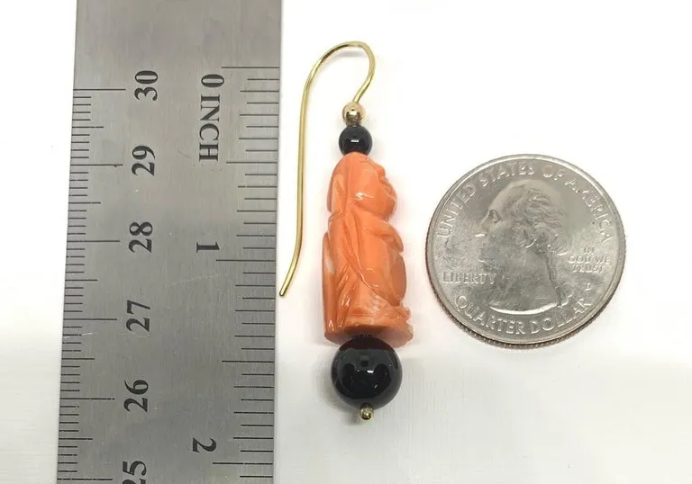 Italian Carved Coral and Onyx Dangle Earrings in Yellow Gold with French Wires