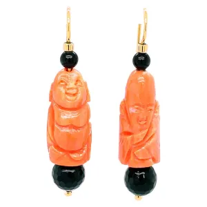 Italian Carved Coral and Onyx Dangle Earrings in Yellow Gold with French Wires