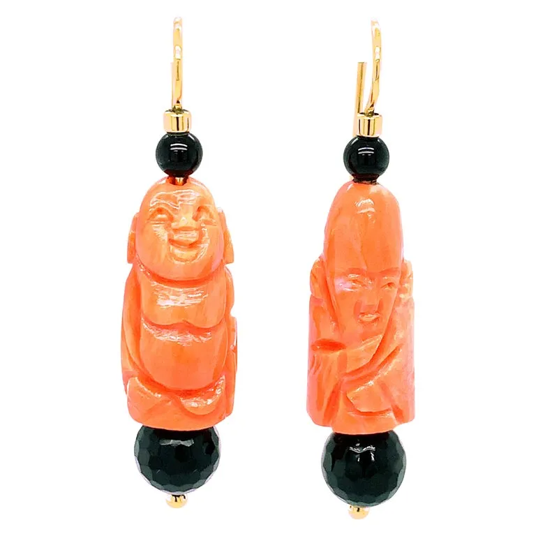 Italian Carved Coral and Onyx Dangle Earrings in Yellow Gold with French Wires
