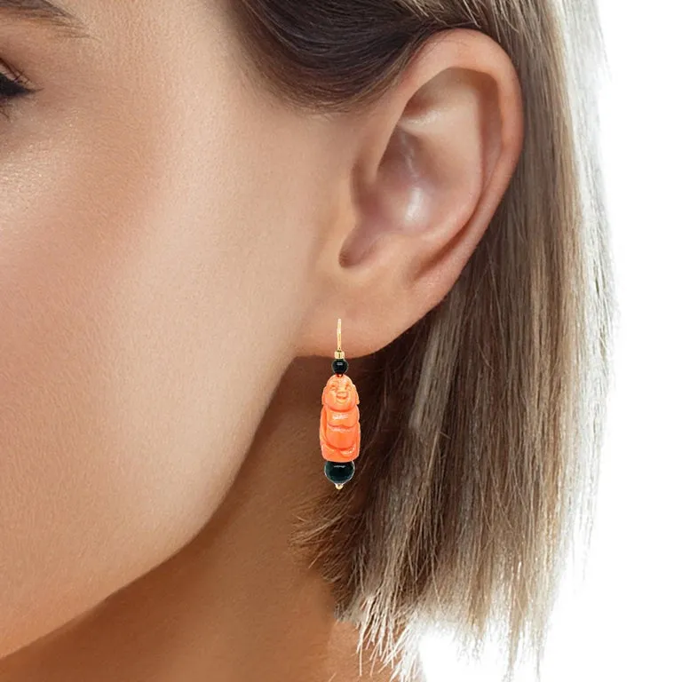 Italian Carved Coral and Onyx Dangle Earrings in Yellow Gold with French Wires