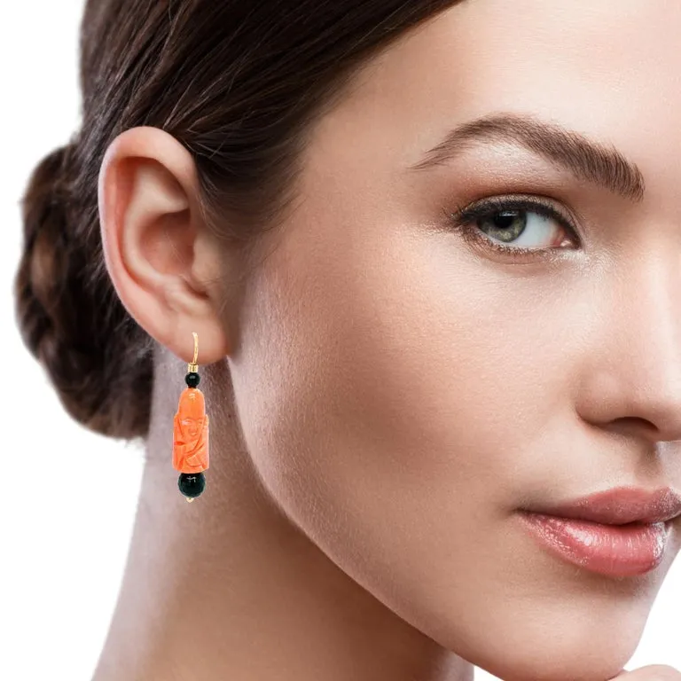 Italian Carved Coral and Onyx Dangle Earrings in Yellow Gold with French Wires