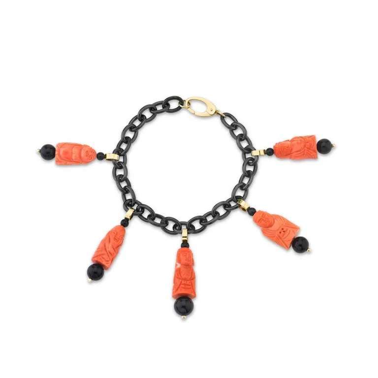 Italian Carved Coral and Onyx Dangle Earrings in Yellow Gold with French Wires