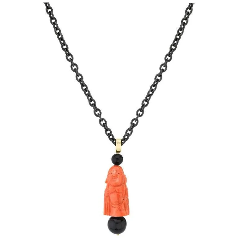 Italian Carved Coral and Onyx Dangle Earrings in Yellow Gold with French Wires