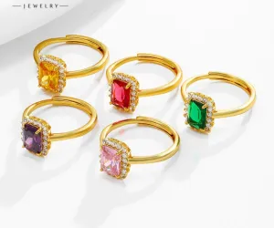 Jewelry imitation colorful treasure series square temperament retro light luxury ring women's niche fashion open ring