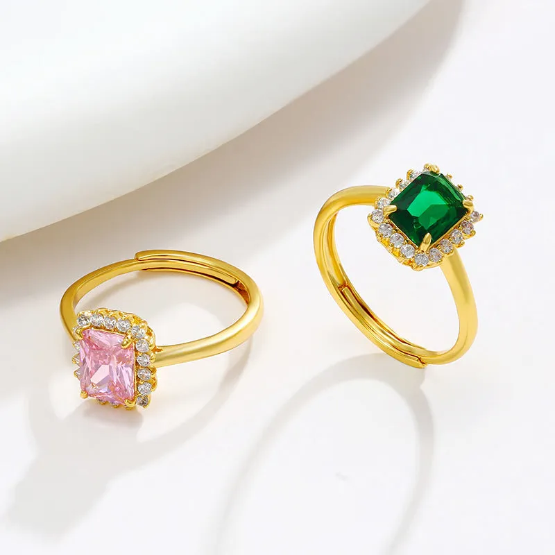 Jewelry imitation colorful treasure series square temperament retro light luxury ring women's niche fashion open ring