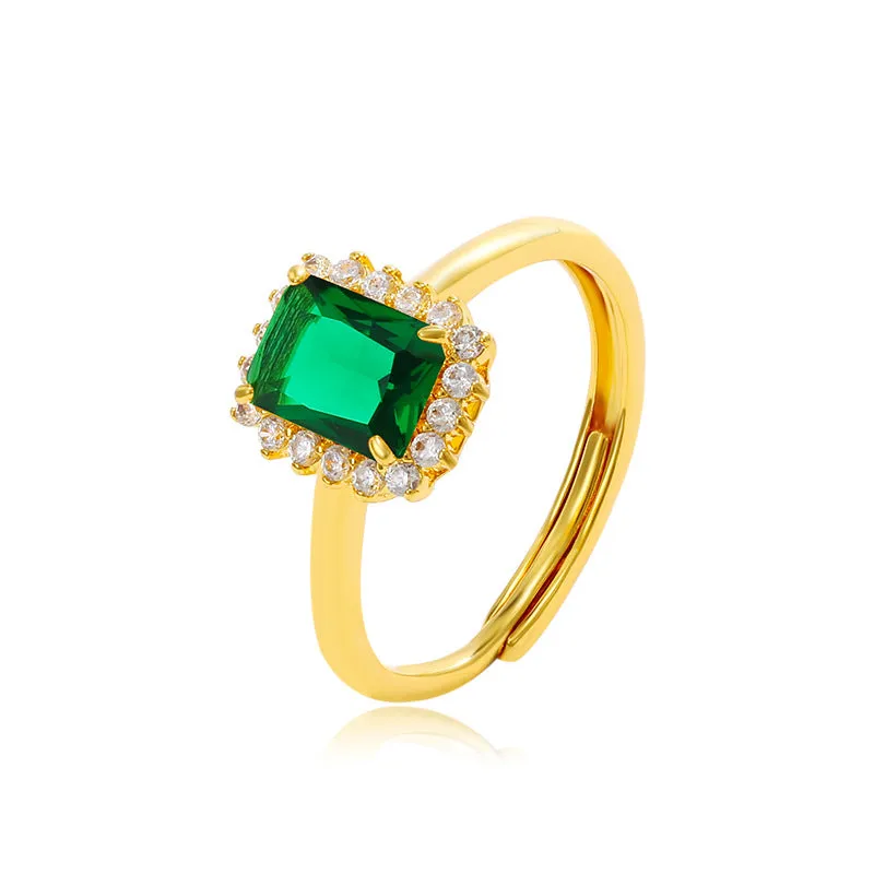 Jewelry imitation colorful treasure series square temperament retro light luxury ring women's niche fashion open ring