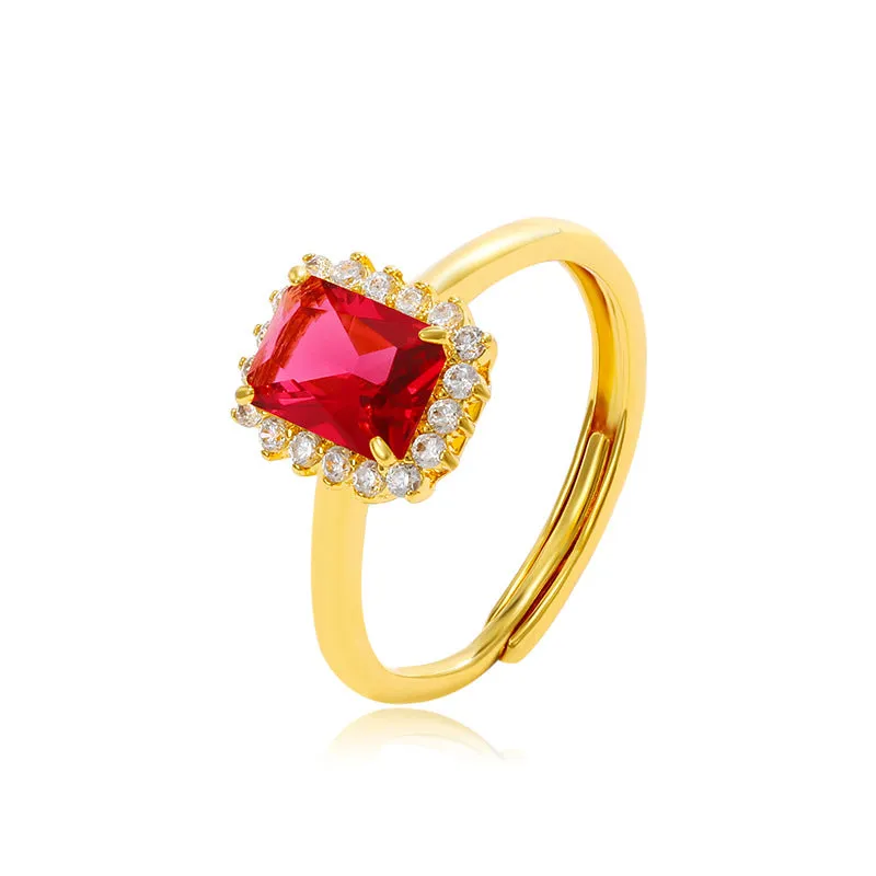 Jewelry imitation colorful treasure series square temperament retro light luxury ring women's niche fashion open ring