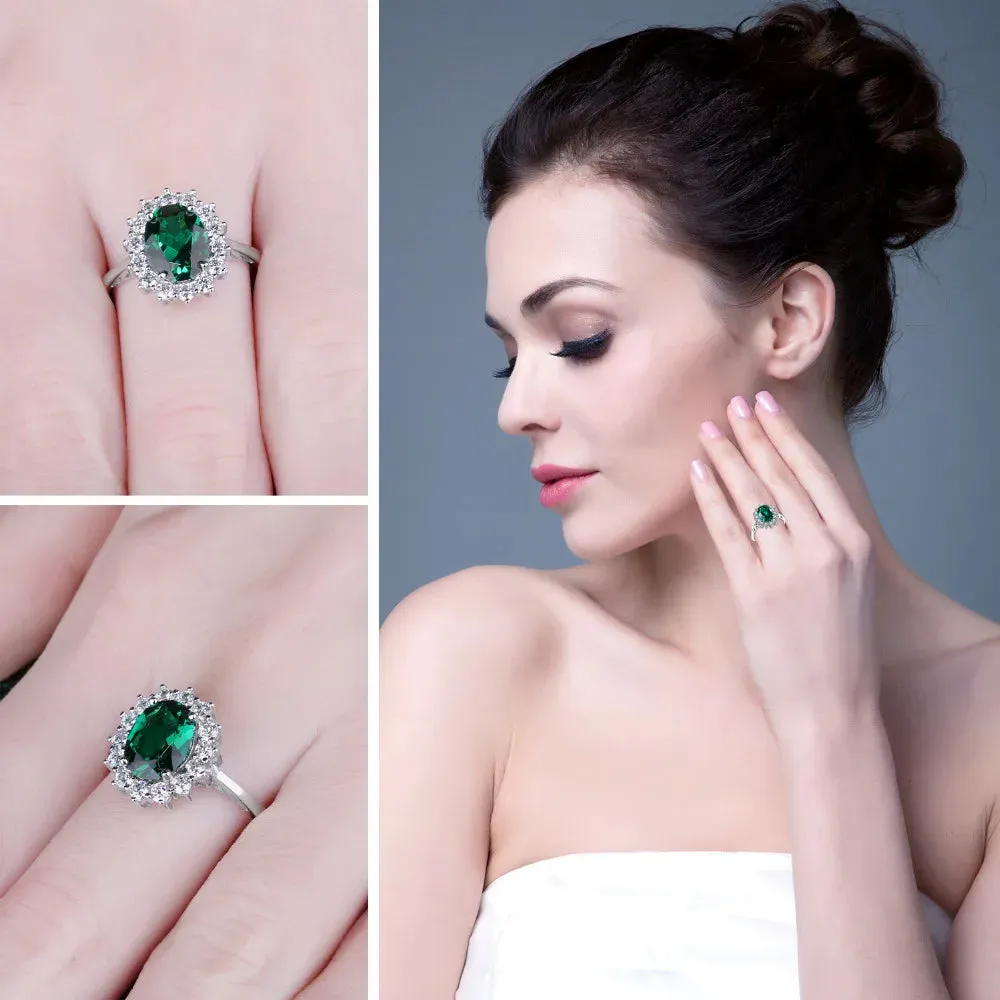 JewelryPalace Princess Diana Simulated Green Emerald Created Red Ruby Halo Engagement Ring 925 Sterling Silver Ring for Women