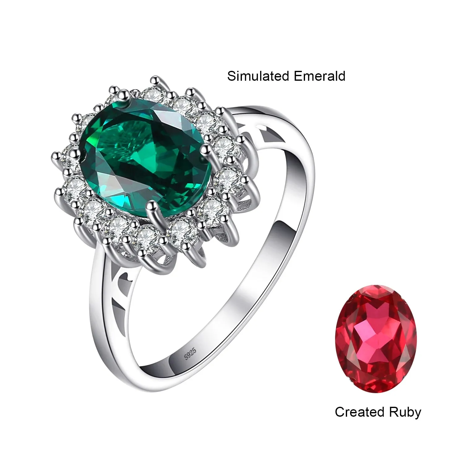 JewelryPalace Princess Diana Simulated Green Emerald Created Red Ruby Halo Engagement Ring 925 Sterling Silver Ring for Women