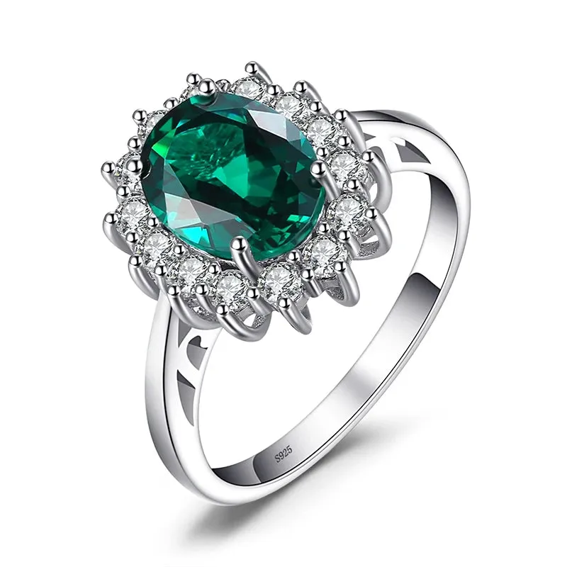 JewelryPalace Princess Diana Simulated Green Emerald Created Red Ruby Halo Engagement Ring 925 Sterling Silver Ring for Women