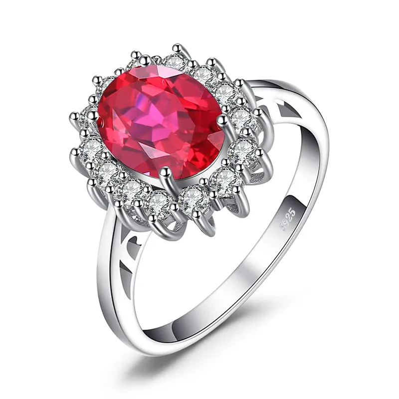 JewelryPalace Princess Diana Simulated Green Emerald Created Red Ruby Halo Engagement Ring 925 Sterling Silver Ring for Women