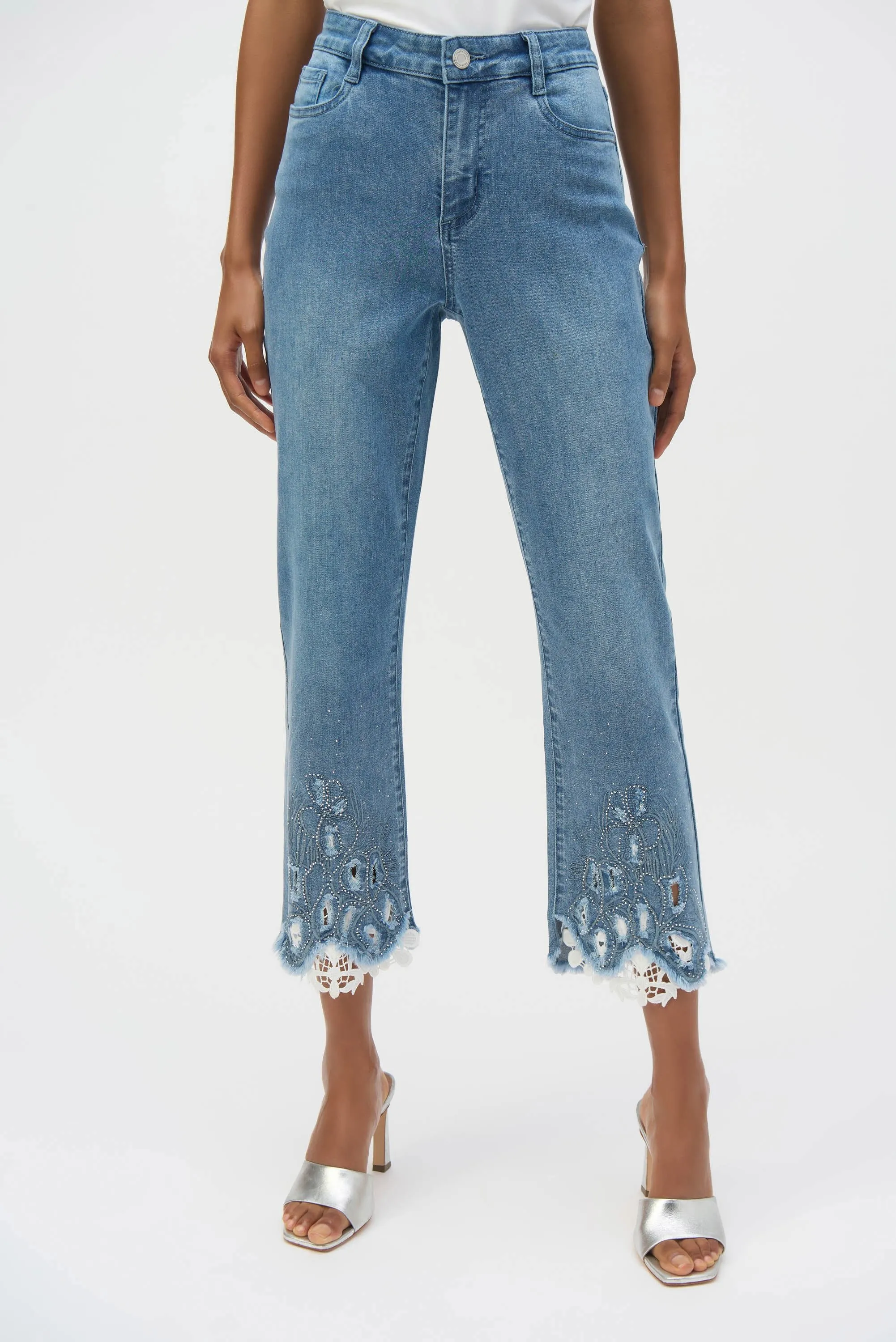 Joseph Ribkoff Straight Crop Jeans with Embroidery  252910  Denim Medium Blue