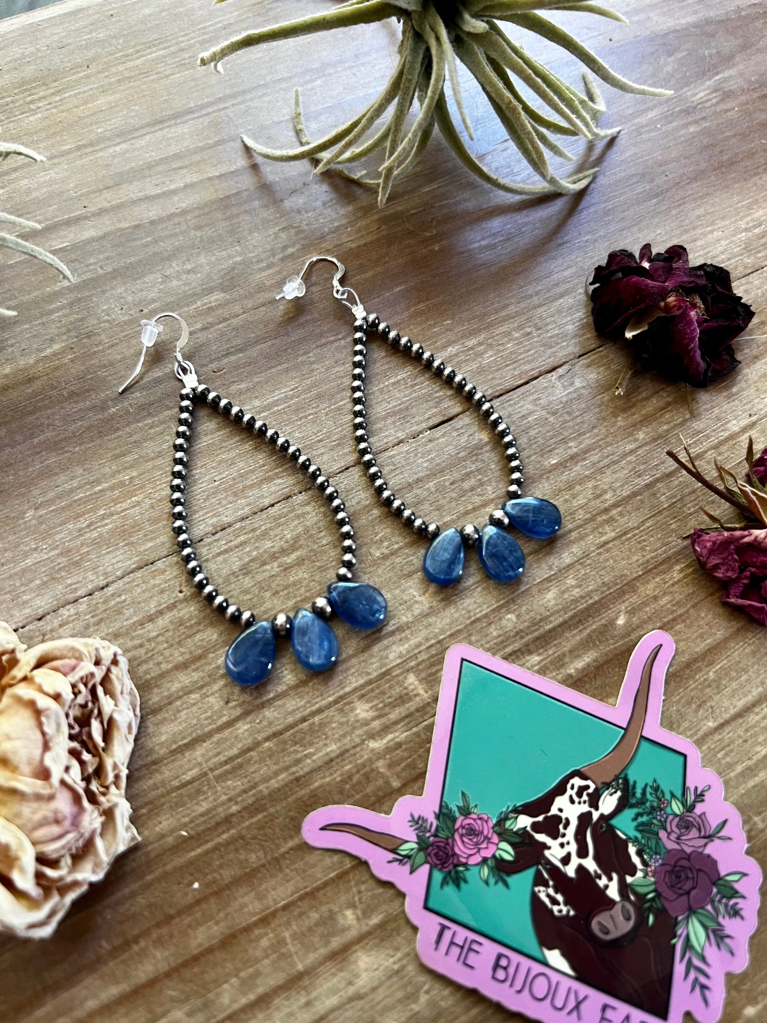 Kyanite teardrop earrings and 3mm Sterling Silver Pearls