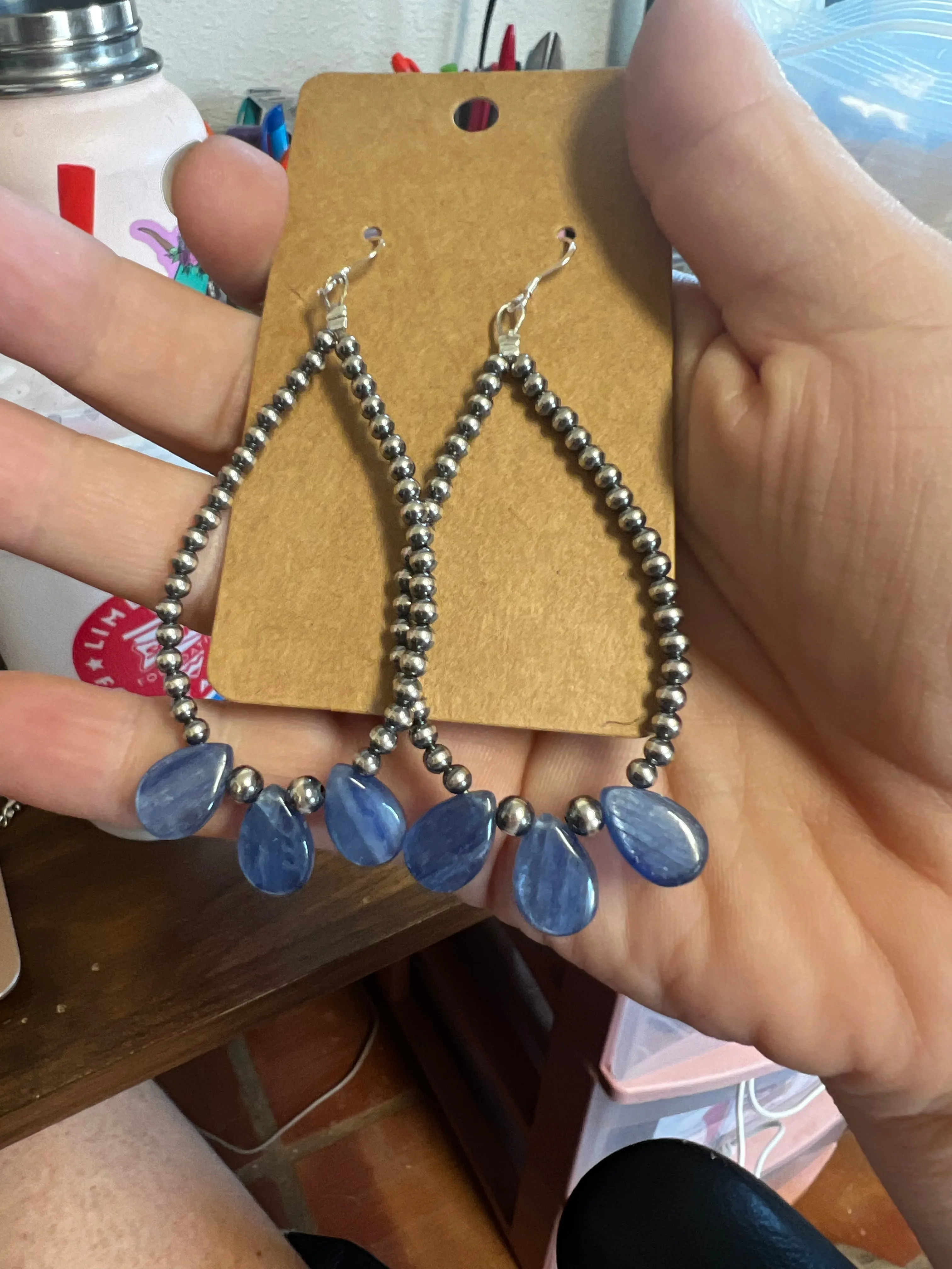 Kyanite teardrop earrings and 3mm Sterling Silver Pearls