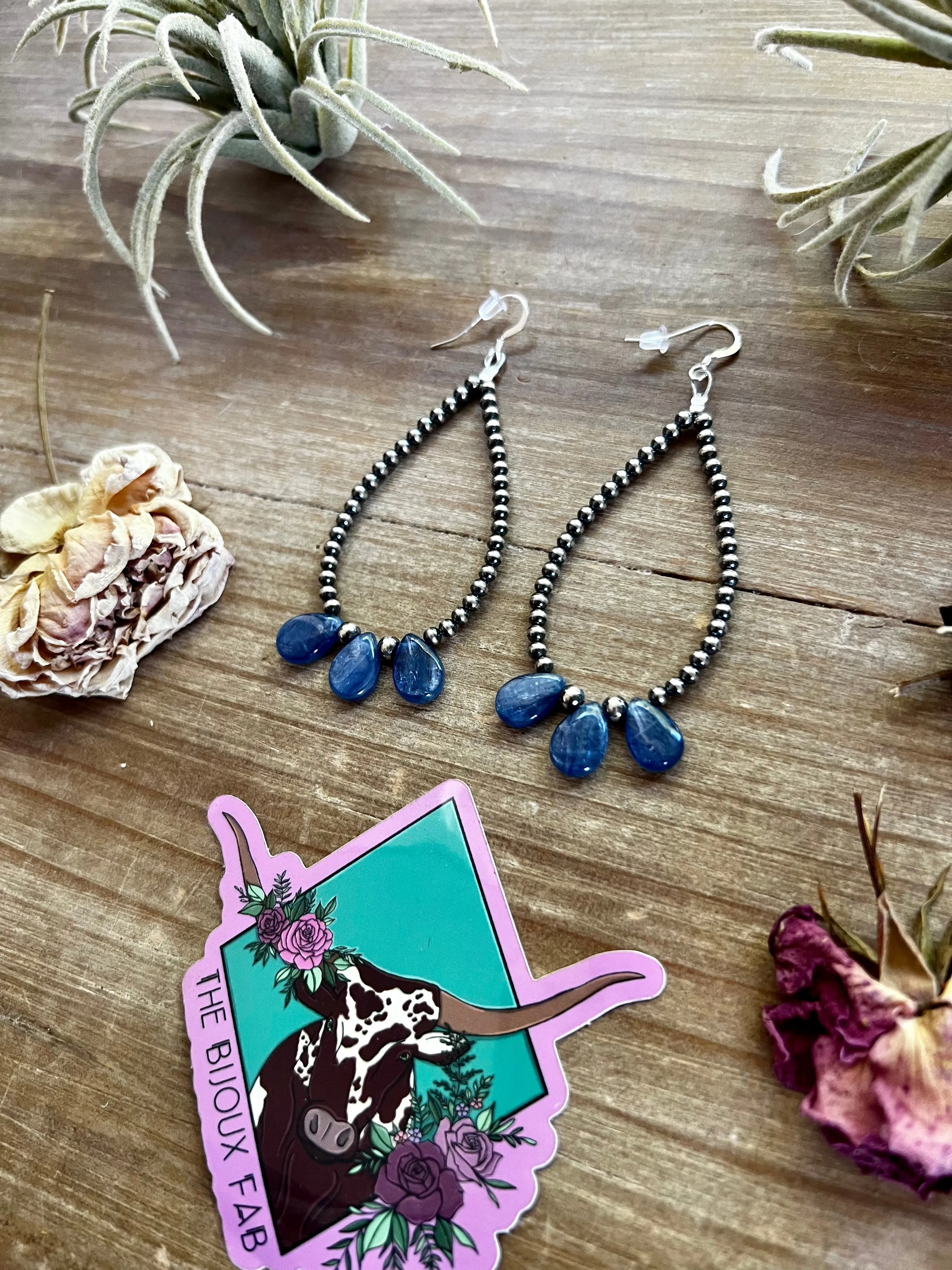 Kyanite teardrop earrings and 3mm Sterling Silver Pearls