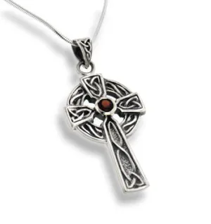 Large Celtic Knot Sun Cross Pendant with Garnet 18" Sterling Silver Necklace