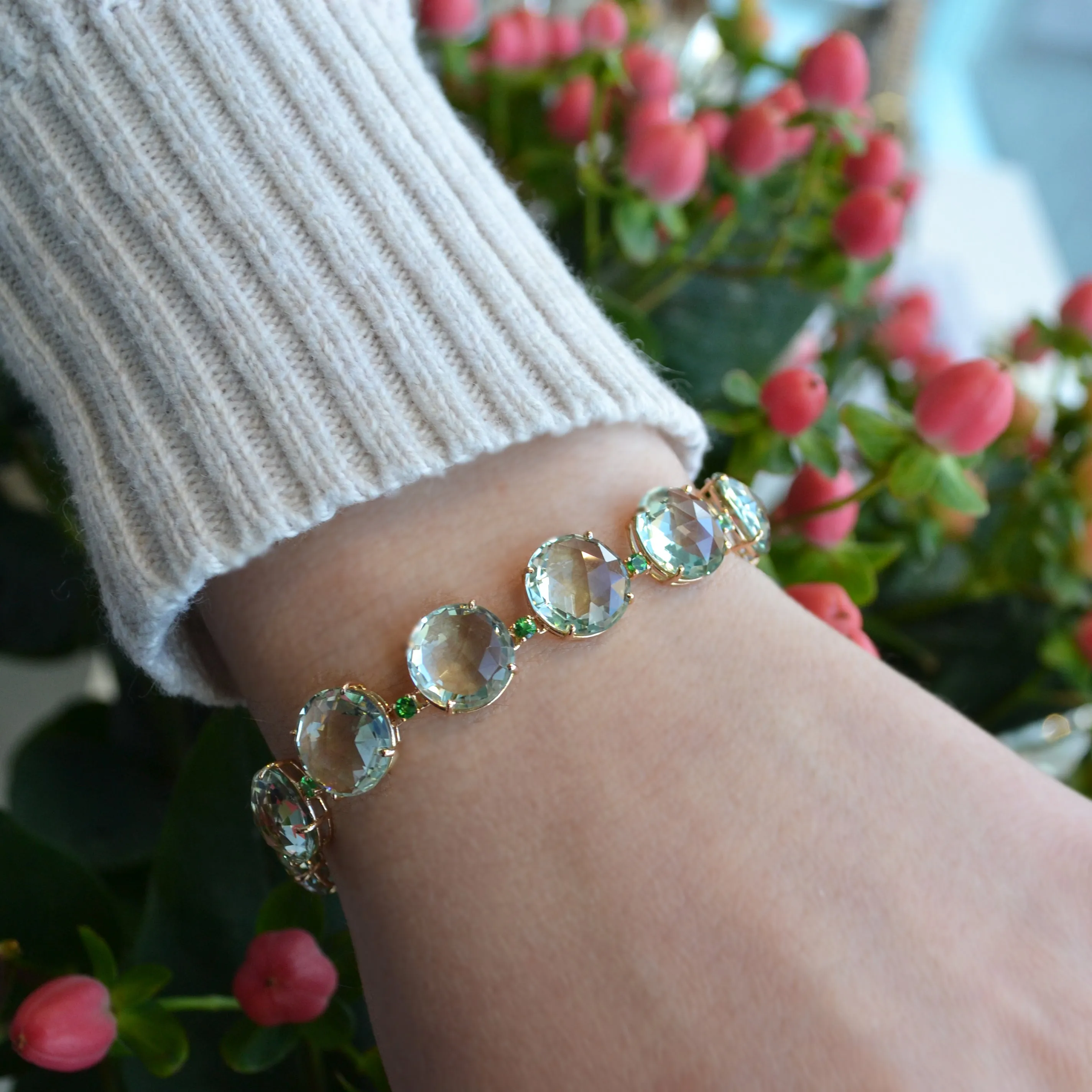 Lilies - Bracelet with Prasiolite and Tsavorite Garnet, 18k Rose Gold