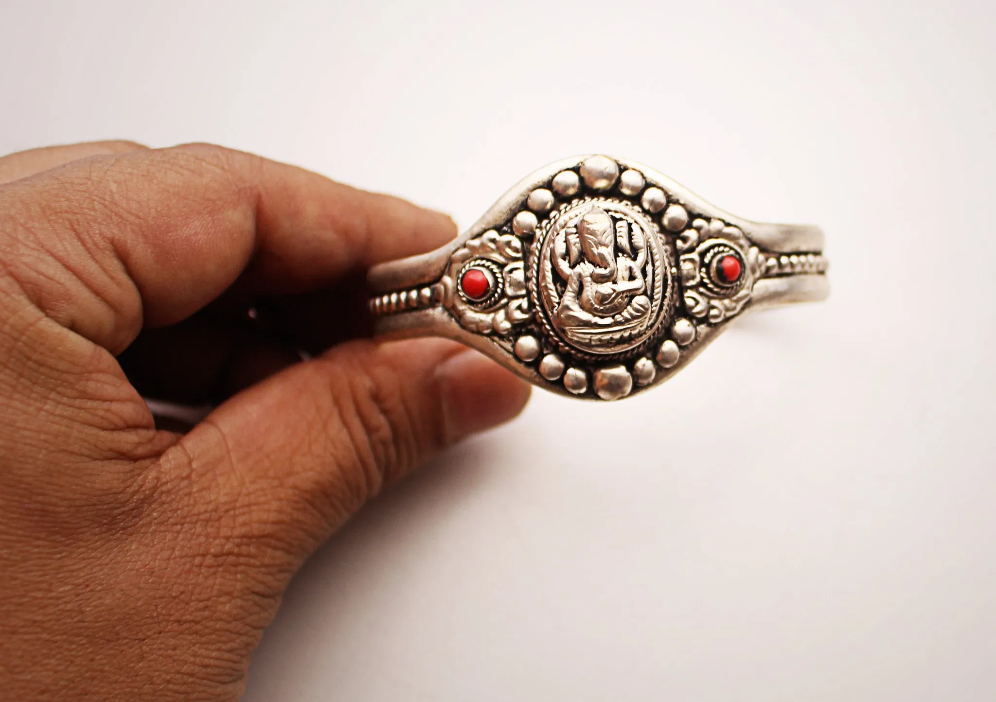 Lord Ganesh Tribal White Metal Bracelet